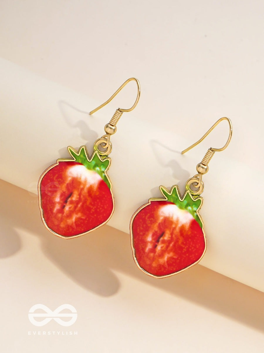 Sizzling Strawberry Slices - Golden Embellished Earrings