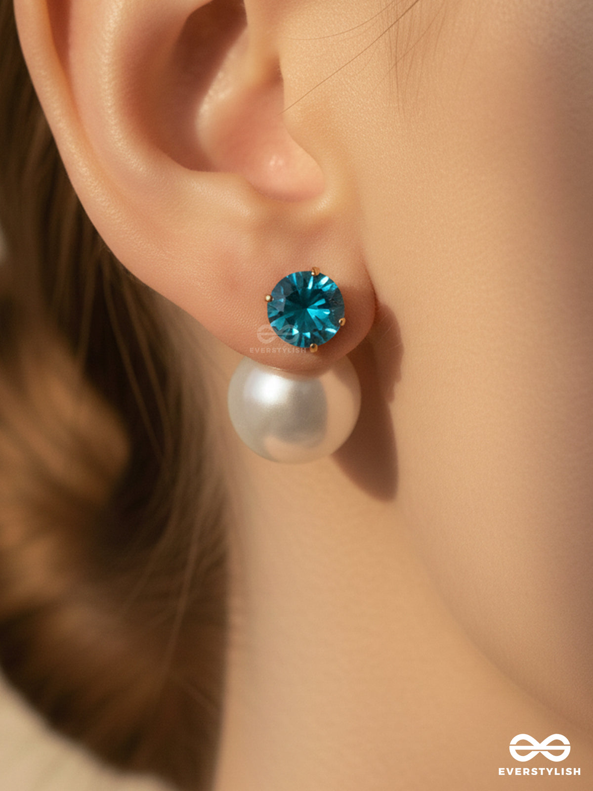 A Mystic Pearl - Golden Embellished Earrings (Light Blue)