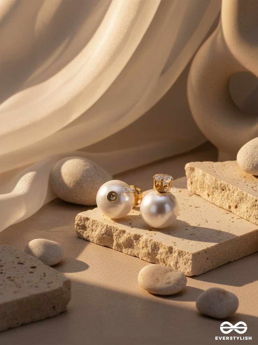 A Mystic Pearl - Golden Embellished Earrings (White)