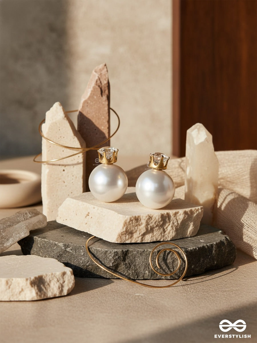 A Mystic Pearl - Golden Embellished Earrings (White)