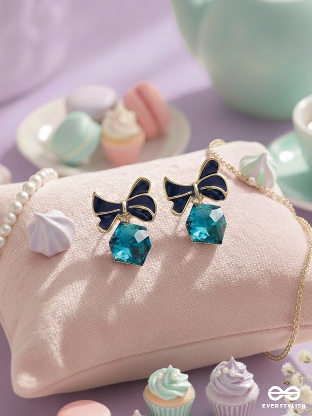 Mingling Marvels - Golden And Blue Embellished Stud Earrings