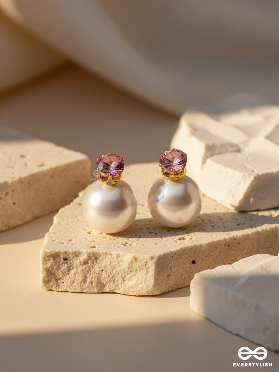 A Mystic Pearl - Golden Embellished Earrings (Pink)