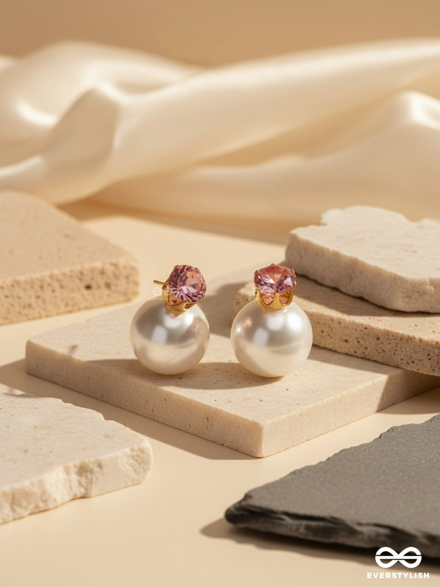 A Mystic Pearl - Golden Embellished Earrings (Pink)
