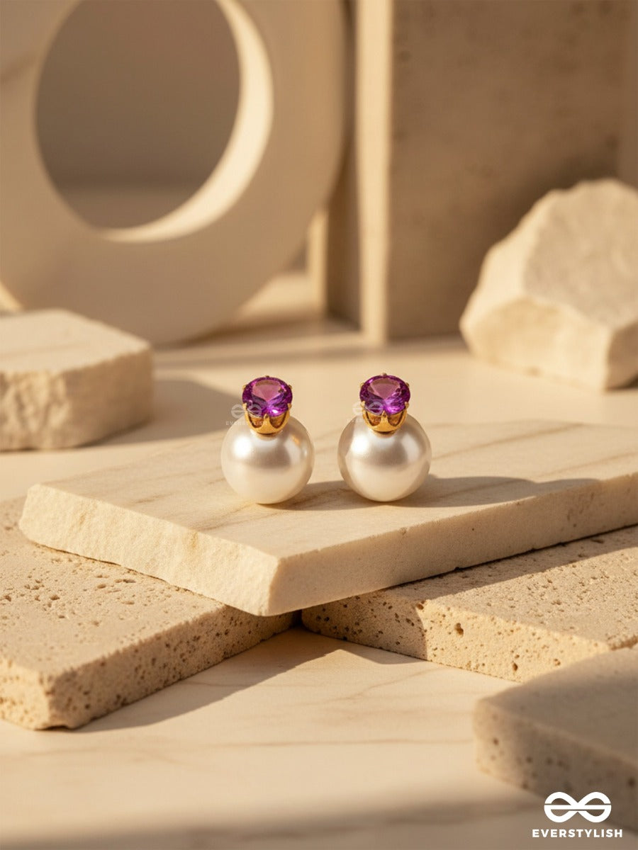 A Mystic Pearl - Golden Embellished Earrings (Violet)