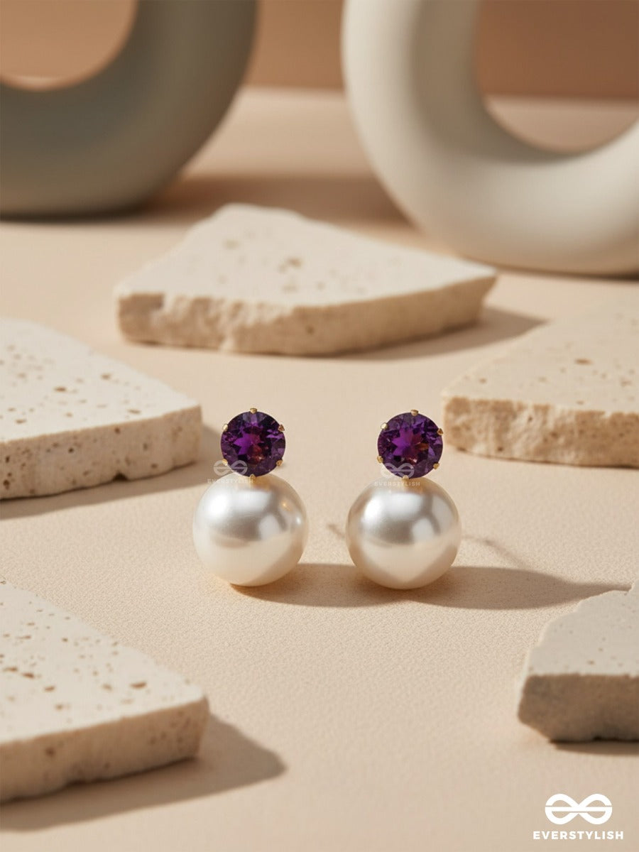 A Mystic Pearl - Golden Embellished Earrings (Violet)