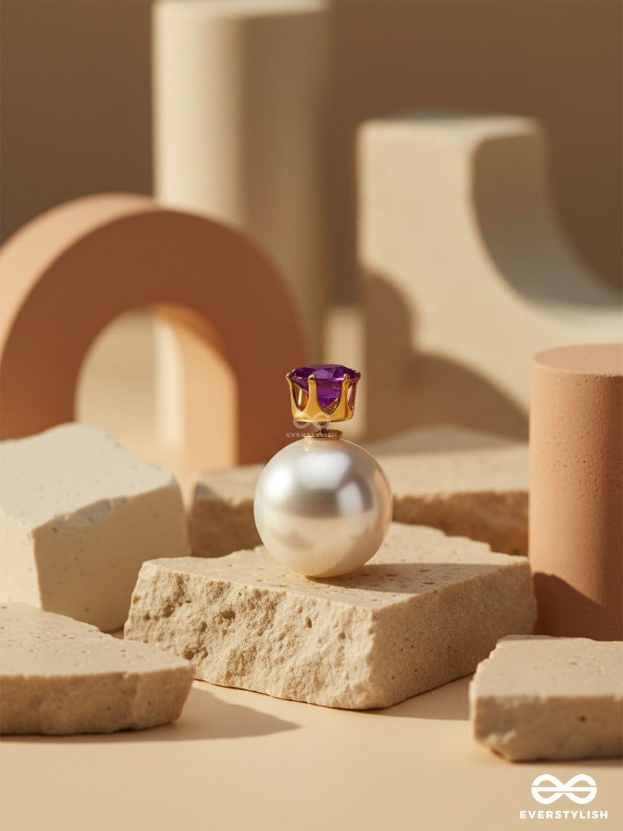 A Mystic Pearl - Golden Embellished Earrings (Violet)
