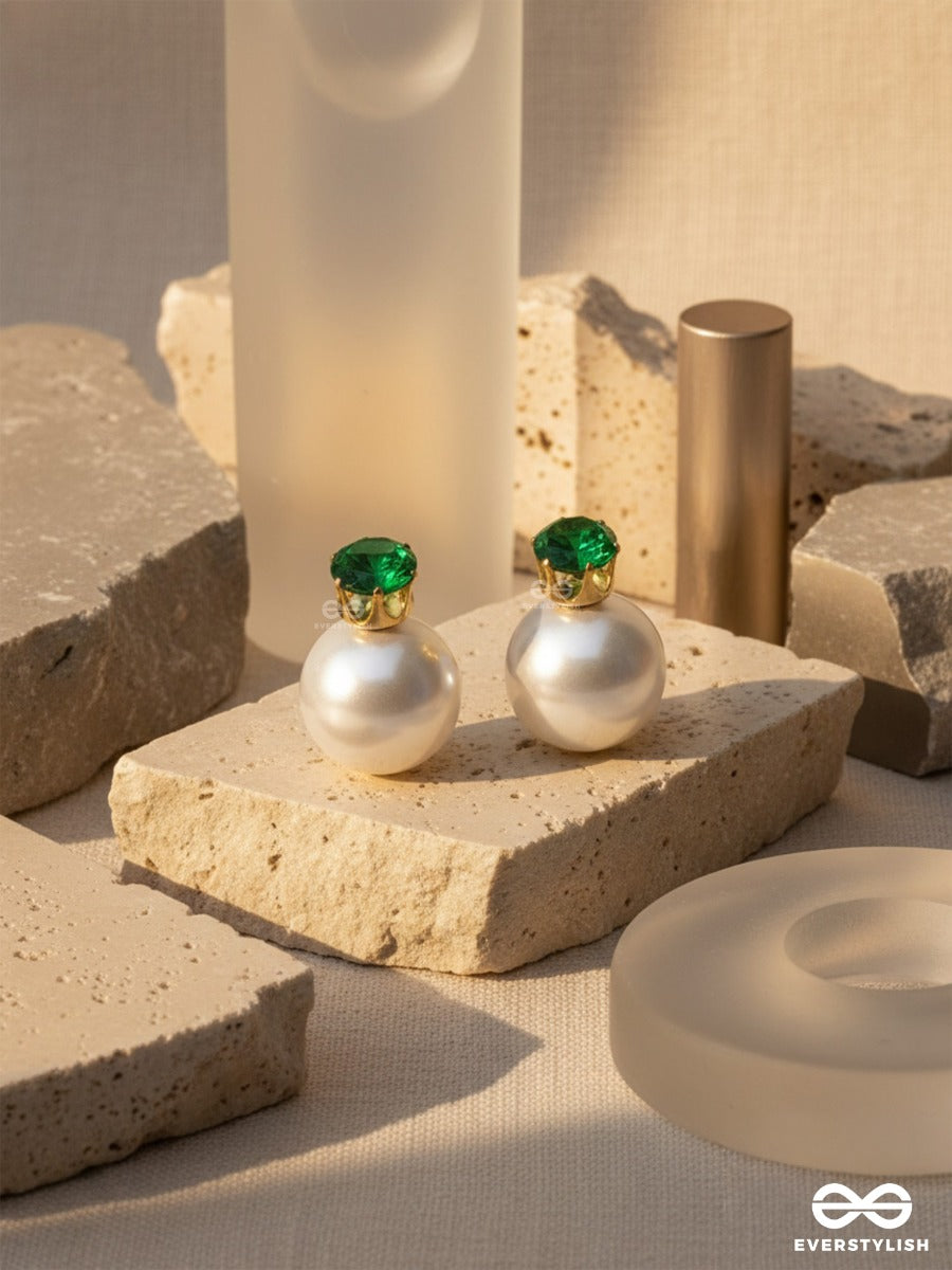 A Mystic Pearl - Golden Embellished Earrings (Green)