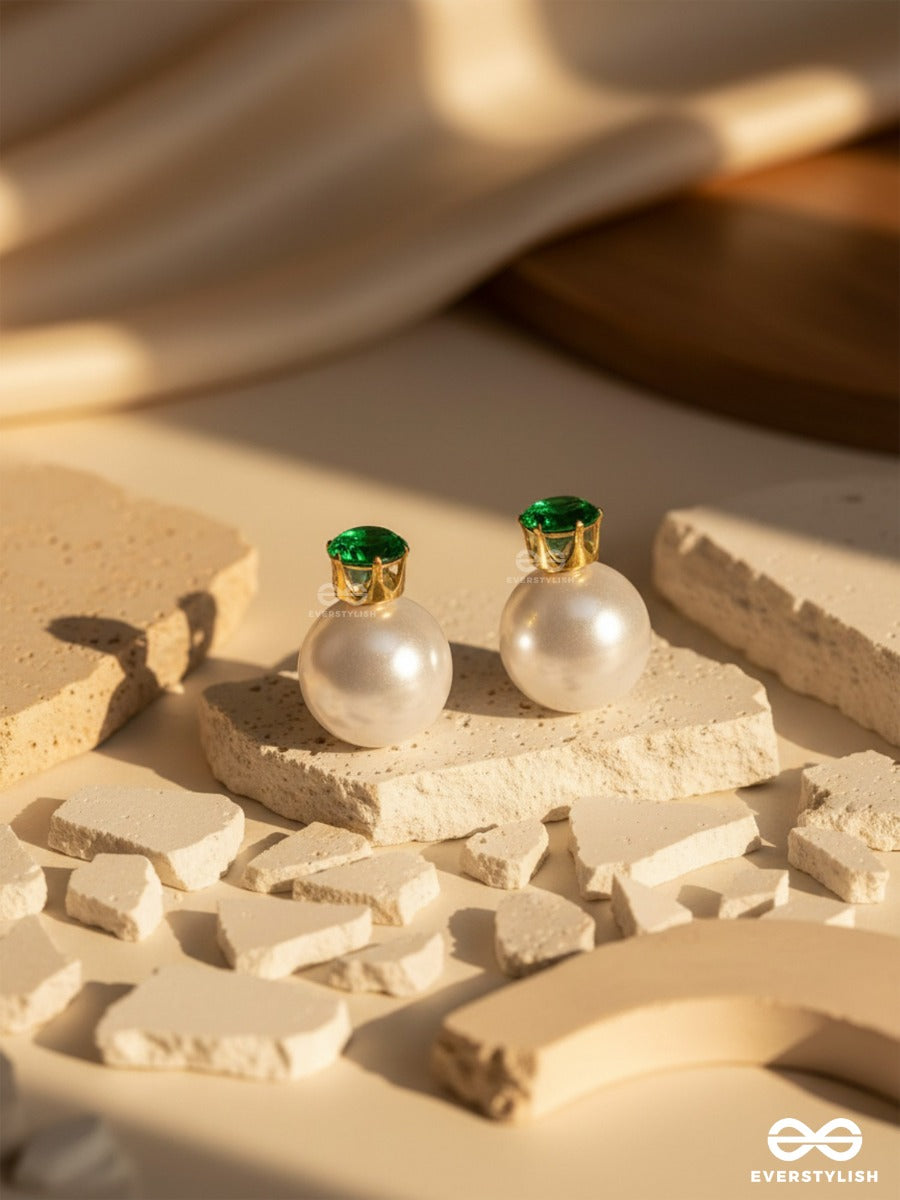 A Mystic Pearl - Golden Embellished Earrings (Green)