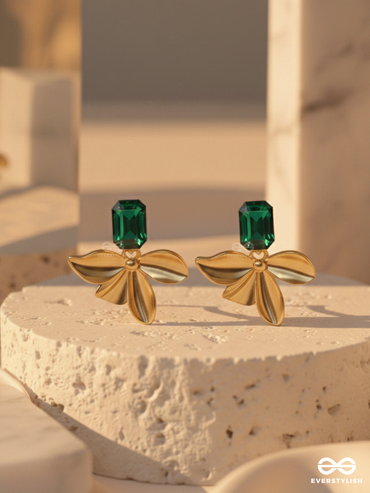 Emerald Dreams - Golden Embellished Earrings