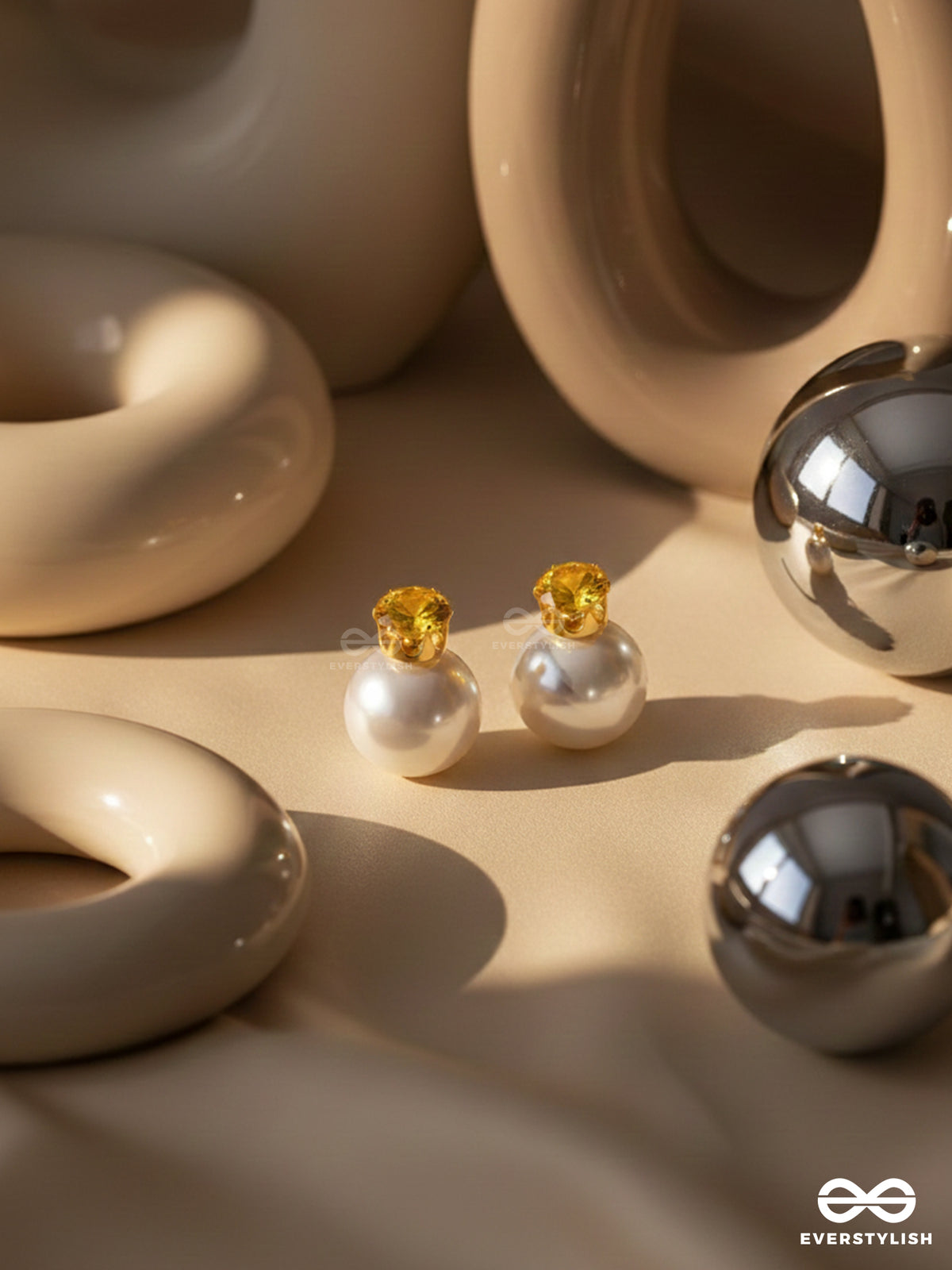 A Mystic Pearl - Golden Embellished Earrings (Yellow)