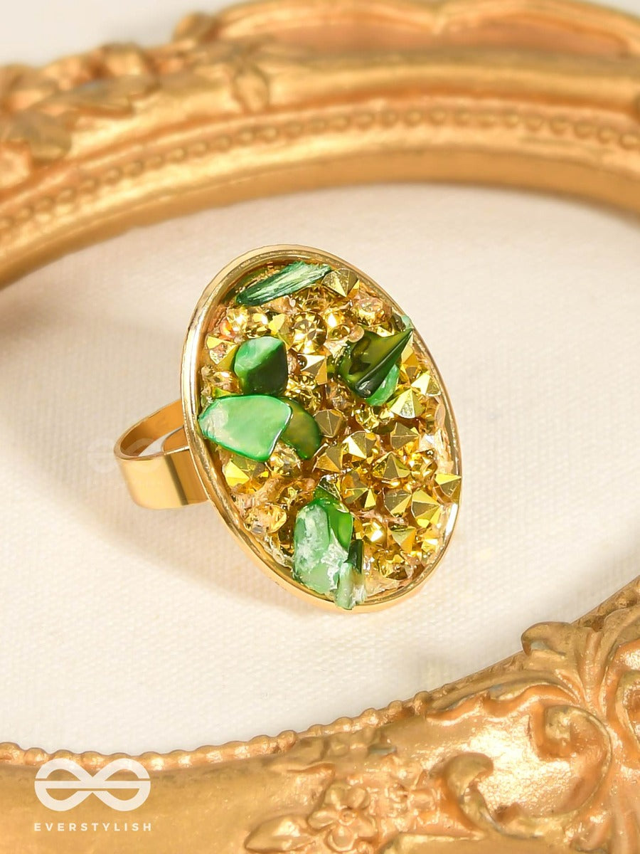Sparkles & Stones - Golden Embellished Ring (Green) (Adjustable)