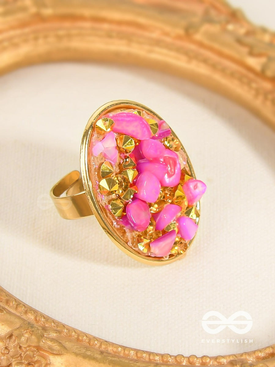 Sparkles & Stones - Golden Embellished Ring (Pink) (Adjustable)