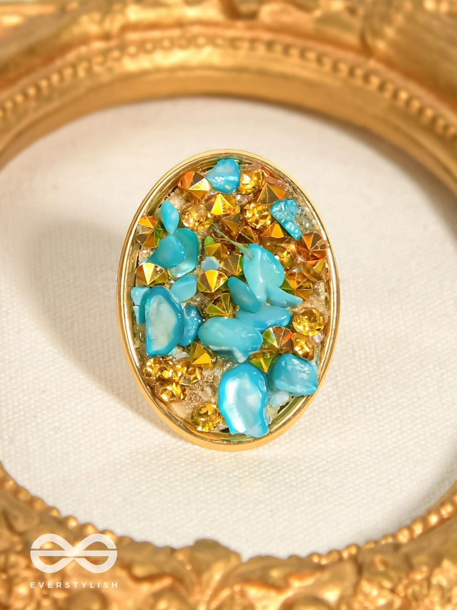 Sparkles & Stones - Golden Embellished Ring (Blue) (Adjustable)