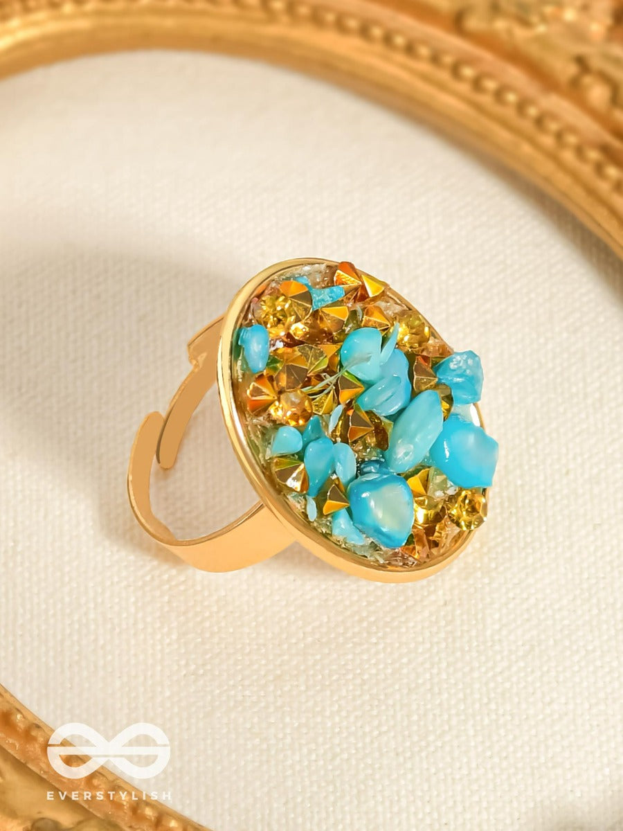 Sparkles & Stones - Golden Embellished Ring (Blue) (Adjustable)