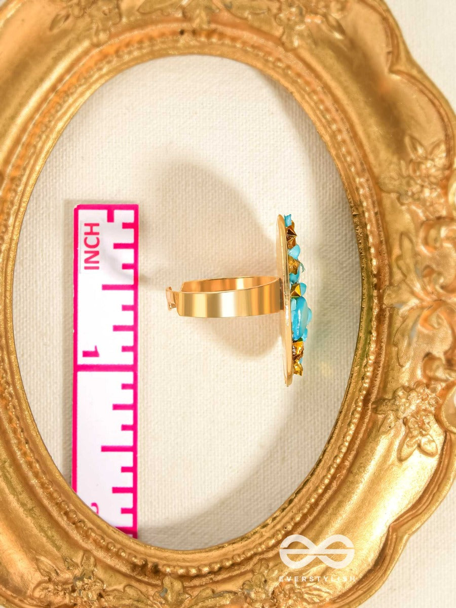 Sparkles & Stones - Golden Embellished Ring (Blue) (Adjustable)