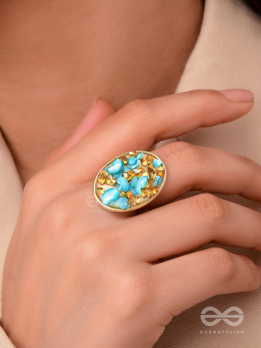Sparkles & Stones - Golden Embellished Ring (Blue) (Adjustable)