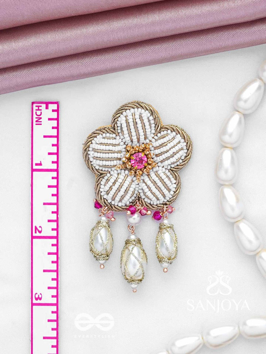 Abhrapuspa - The Cloudy Flower- Stones, Beads And Pearl Drops Hand Embroidered Earrings