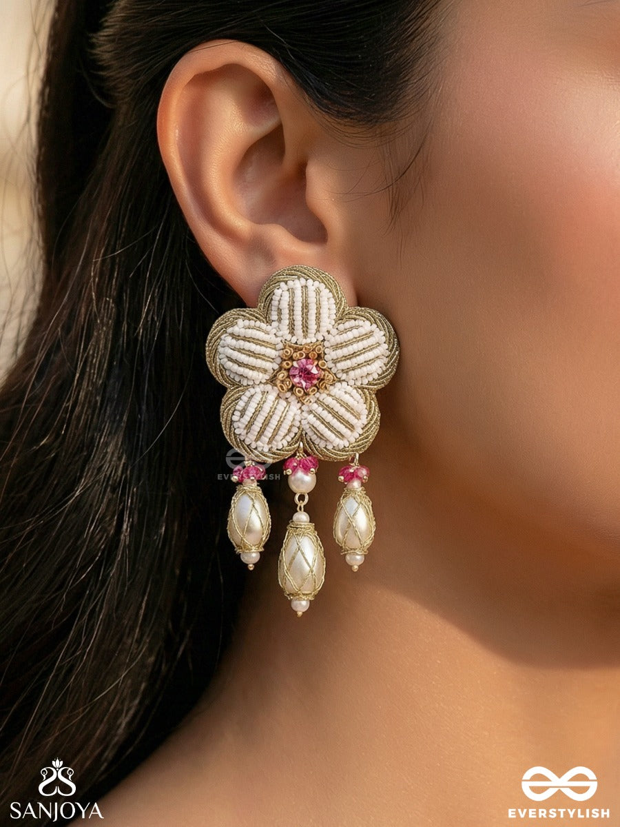 Abhrapuspa - The Cloudy Flower- Stones, Beads And Pearl Drops Hand Embroidered Earrings