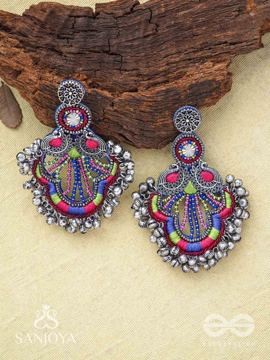 Abheri - The Melodic Dance - Resham And Beads Hand Embroidered Oxidised Earrings