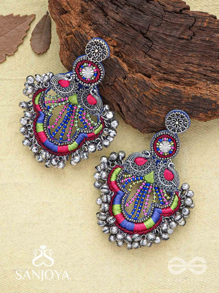 Abheri - The Melodic Dance - Resham And Beads Hand Embroidered Oxidised Earrings