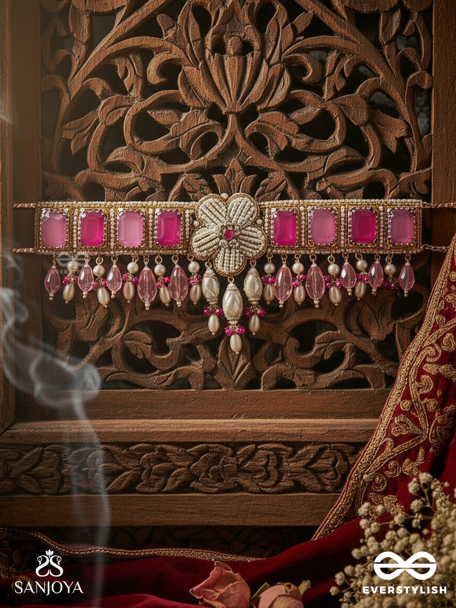 Chaandikusuma - The Royal Blossom- Stone, Beads, Glass And Pearl Drops Hand Embroidered Choker Neckpiece