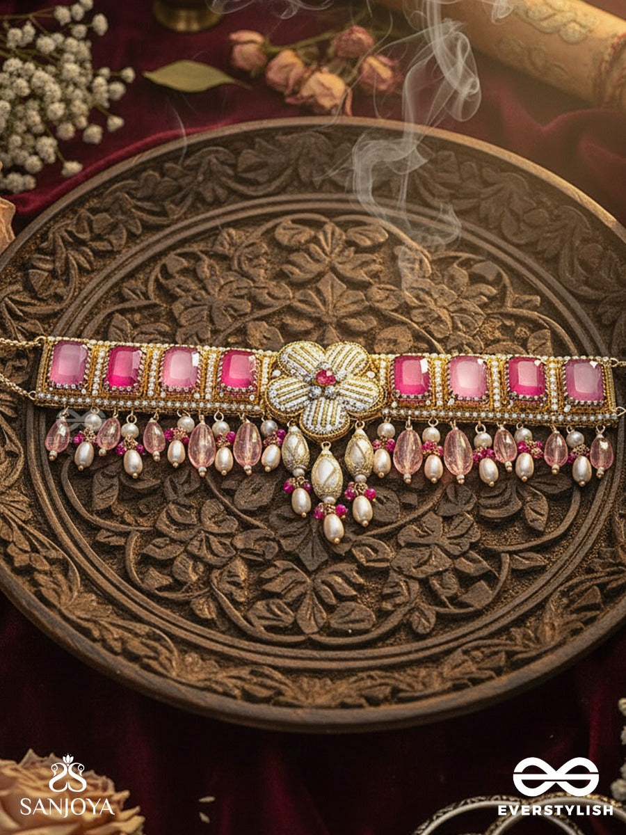 Chaandikusuma - The Royal Blossom- Stone, Beads, Glass And Pearl Drops Hand Embroidered Choker Neckpiece