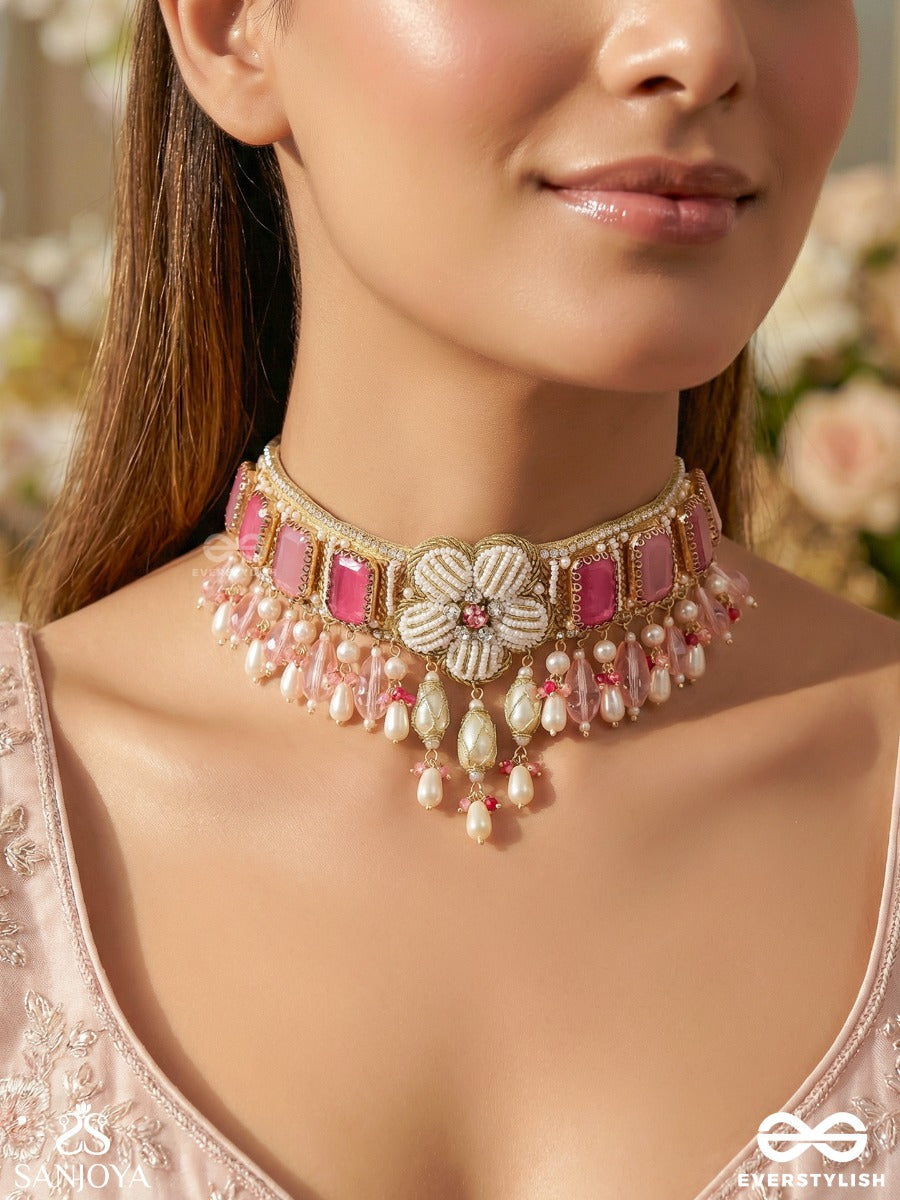 Chaandikusuma - The Royal Blossom- Stone, Beads, Glass And Pearl Drops Hand Embroidered Choker Neckpiece