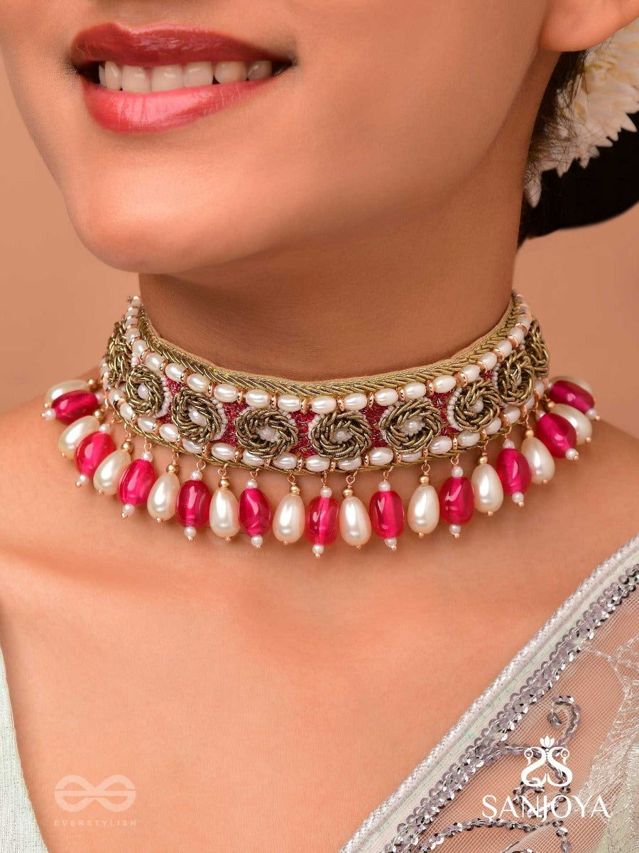 Paurandhra- The Divine Feminism- Beads, Pearl And Glass Drops Hand Embroidered Choker Neckpiece