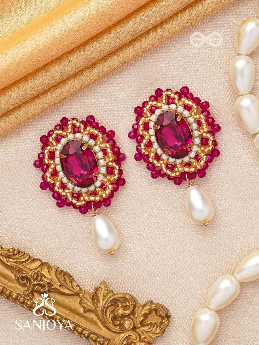 Vasatya- The Pink Dust- Stones, Beads And Pearl Drops Hand Embroidered Earrings