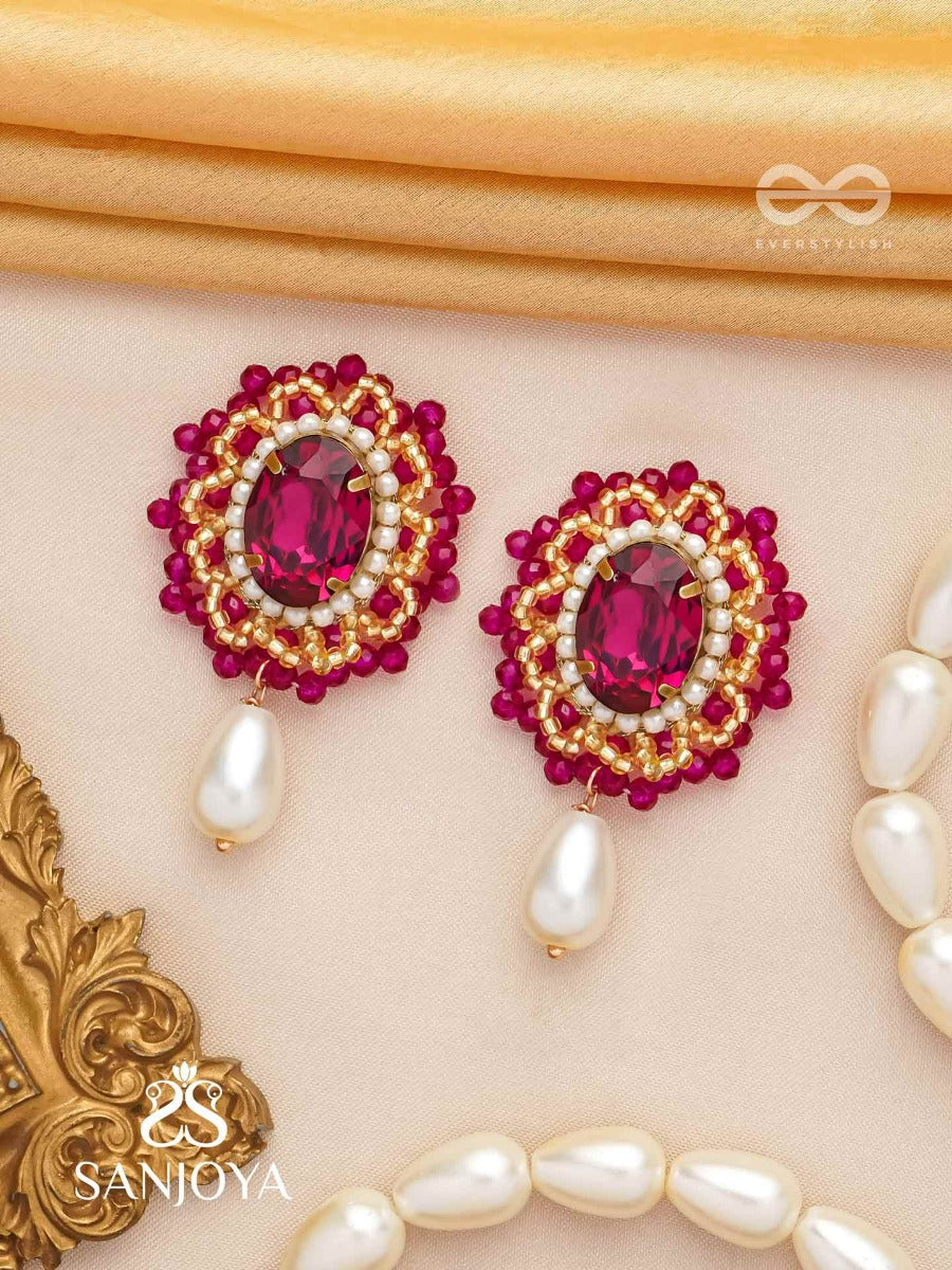 Vasatya- The Pink Dust- Stones, Beads And Pearl Drops Hand Embroidered Earrings
