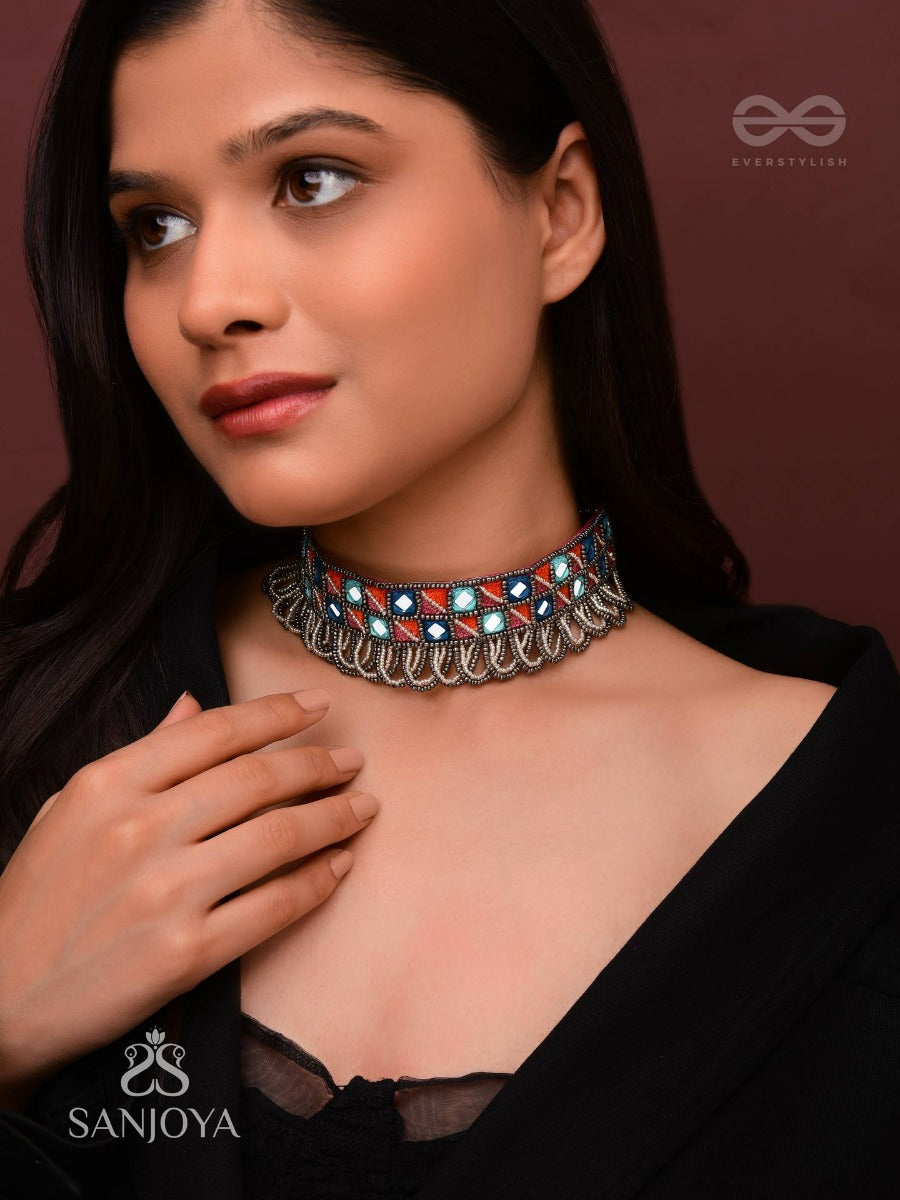 Dyupatha - The Sky Horizon - Mirror And Beads Hand Embroidered Oxidised Neckpiece