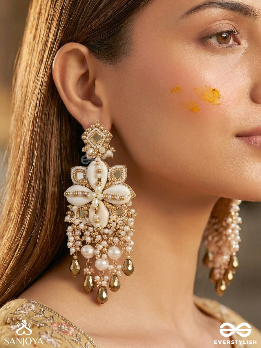 Sambuka- The Golden Snowflakes - Beads, Shells And Glass Drop Hand Embroidered Earrings