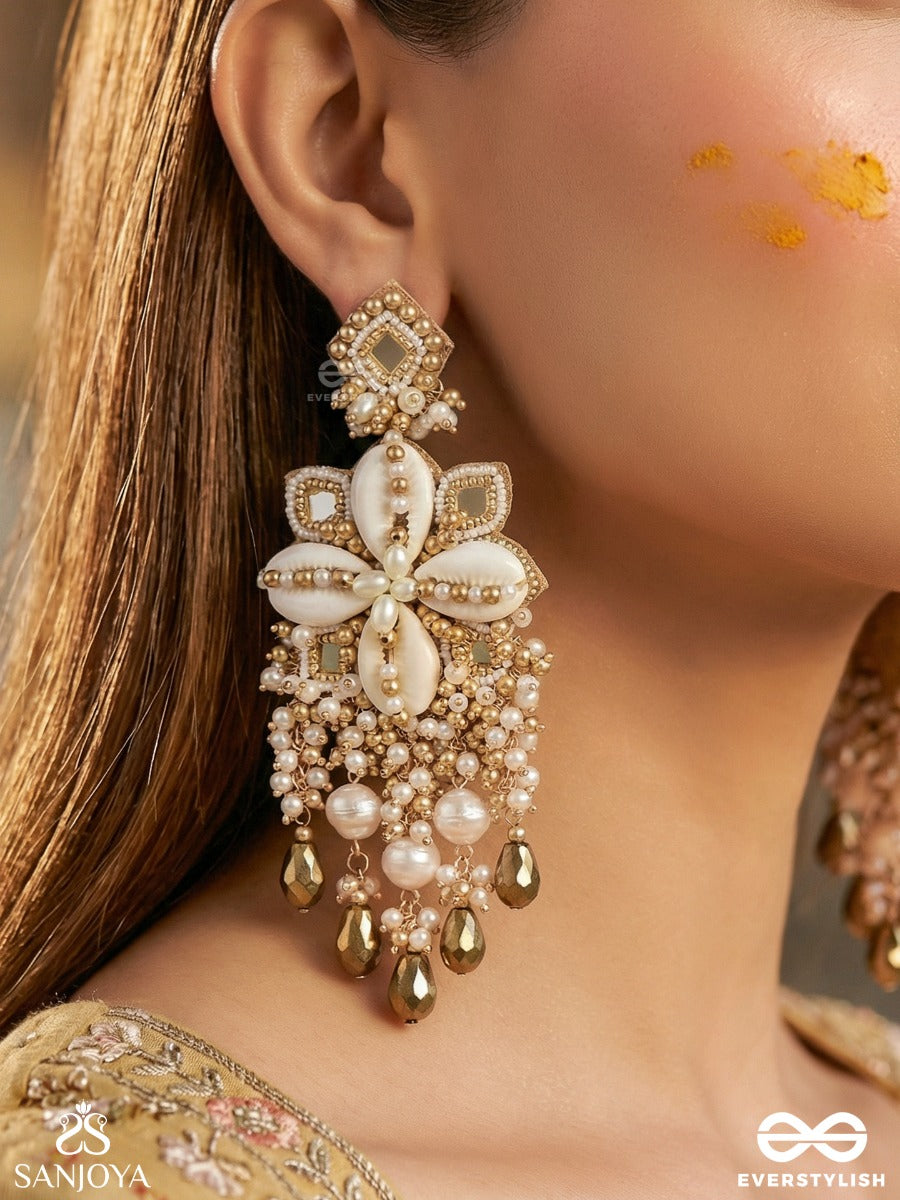 Sambuka- The Golden Snowflakes - Beads, Shells And Glass Drop Hand Embroidered Earrings