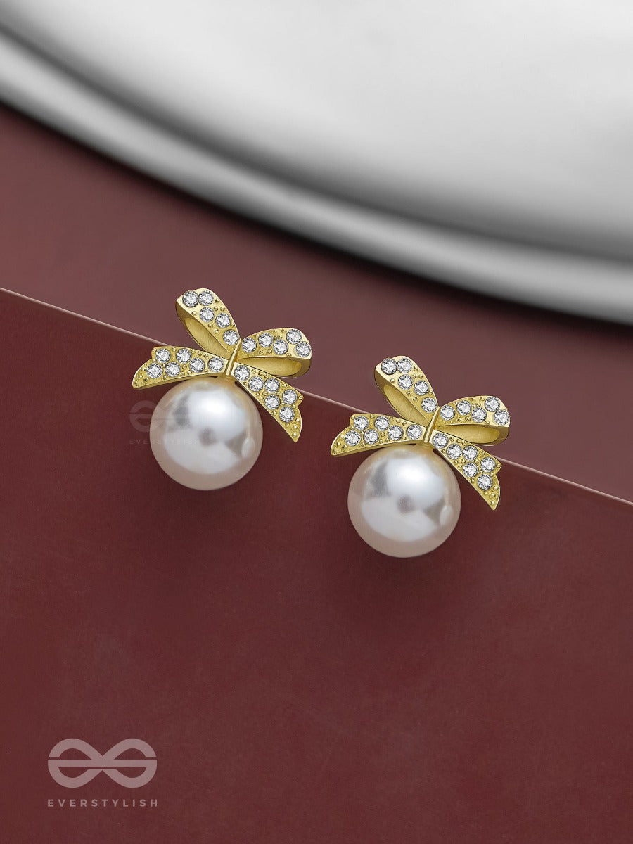 Bow-Dazzle Pearls - Golden And White Embellished Earrings