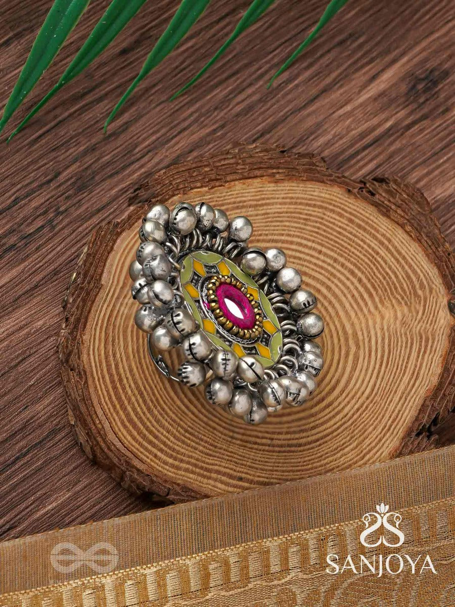 Ekatala - The Colorful Melody - Mirror And Beads Hand Embroidered Enamelled Oxidised Ring