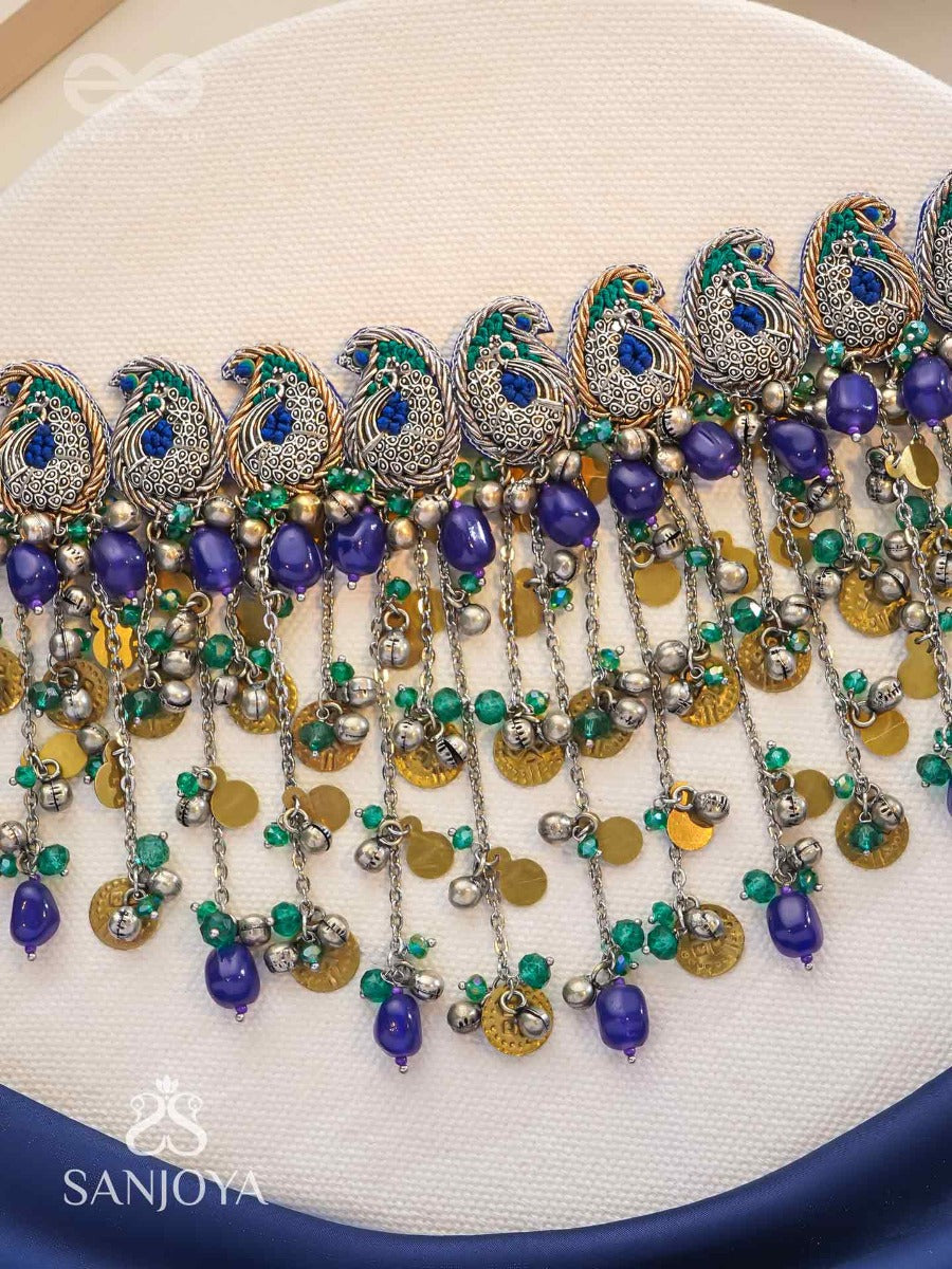 Saikhina - The Drizzling Dance - Glass Beads And Coins Hand Embroidered Oxidised Neckpiece