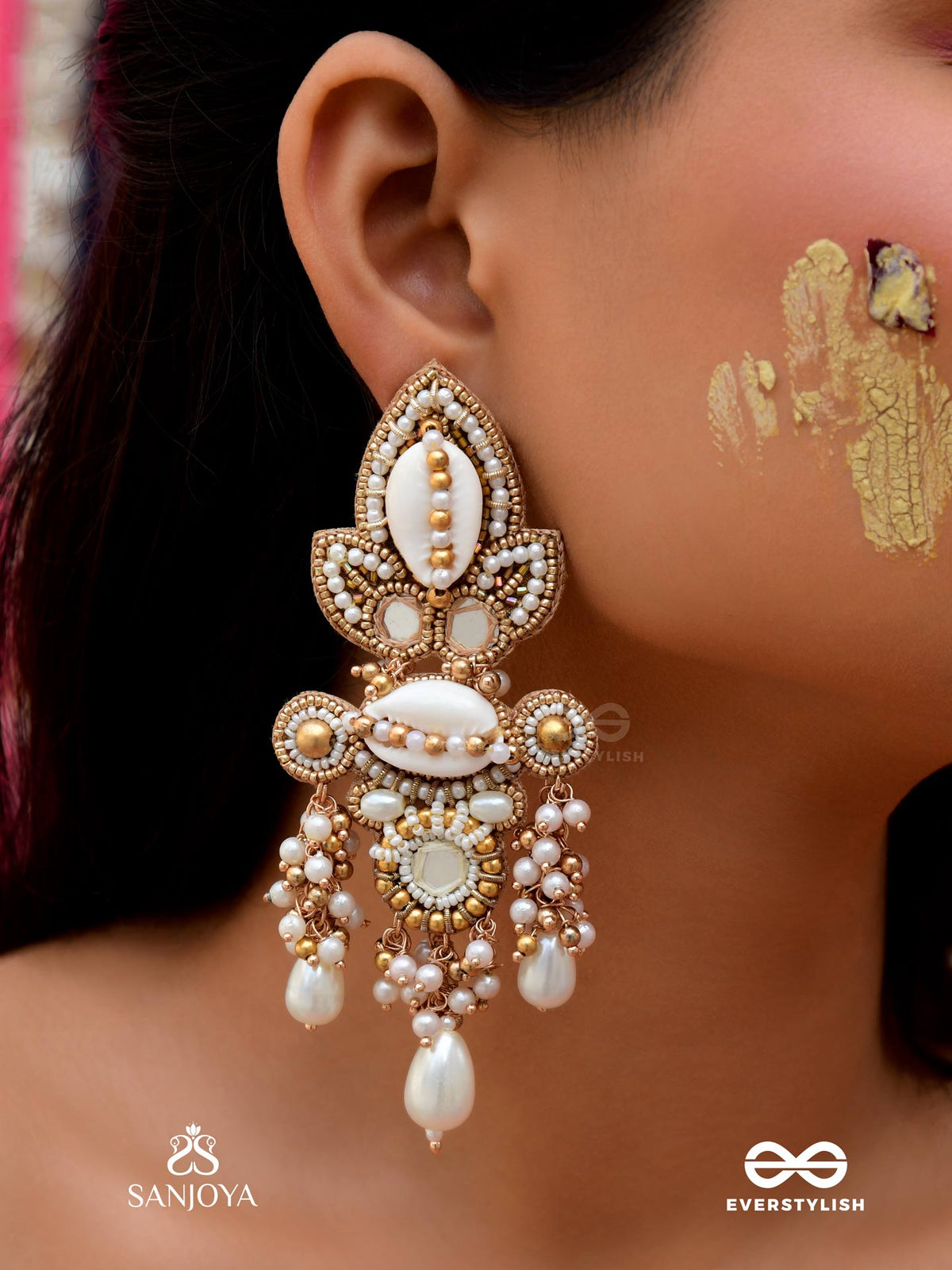 Savitra - Frosty Lily - Beads, Shells And Pearl Drops Hand Embroidered Earrings