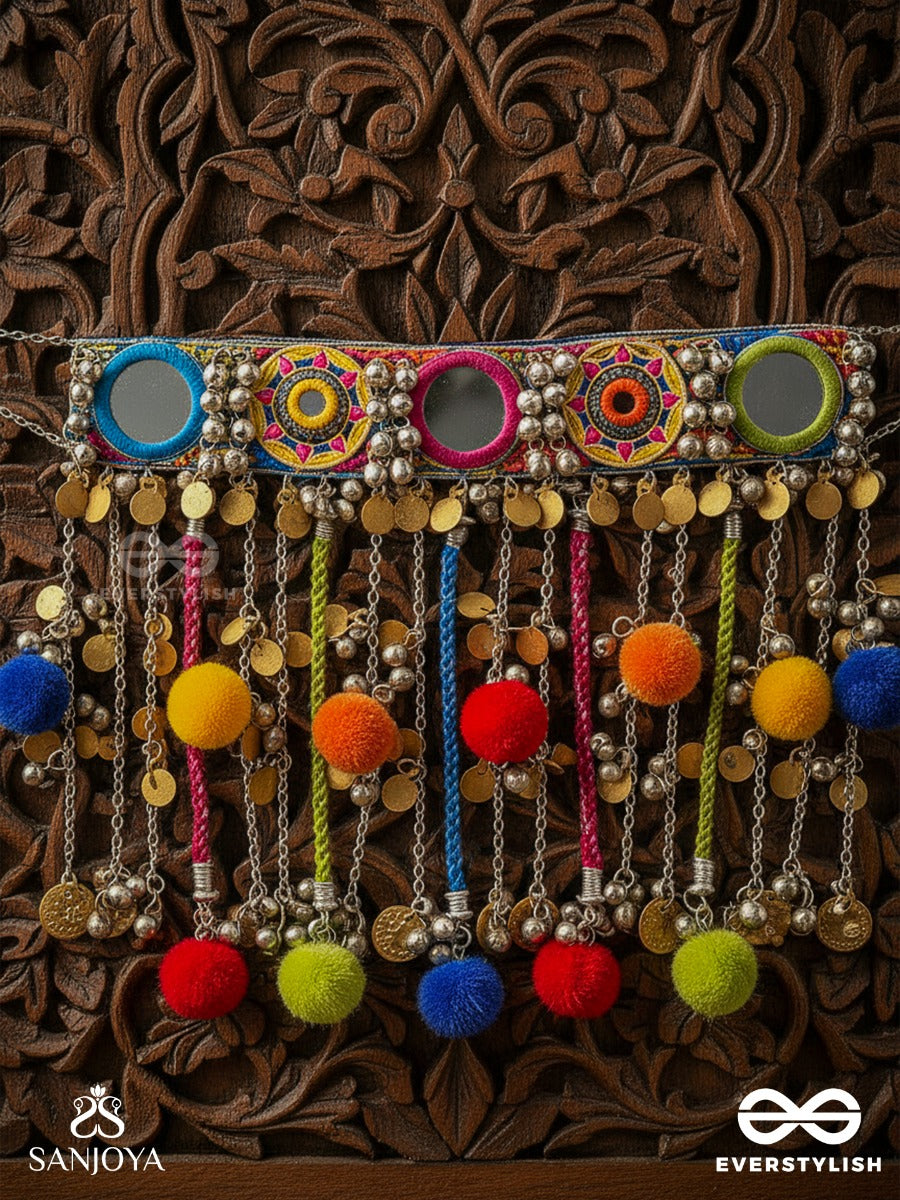 Varnaih - The Shades Of Life - Mirror, Beads And Coins Hand Embroidered Oxidised Neckpiece