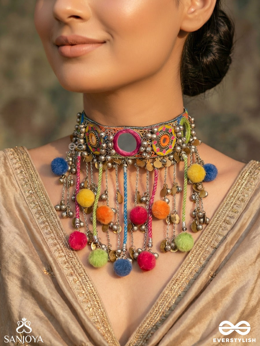 Varnaih - The Shades Of Life - Mirror, Beads And Coins Hand Embroidered Oxidised Neckpiece