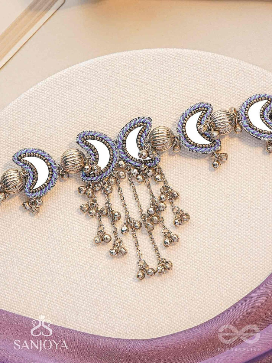 Ashvattha - The Blue Moon Night - Mirrors, Beads And Resham Hand Embroidered Oxidised Choker Neckpiece