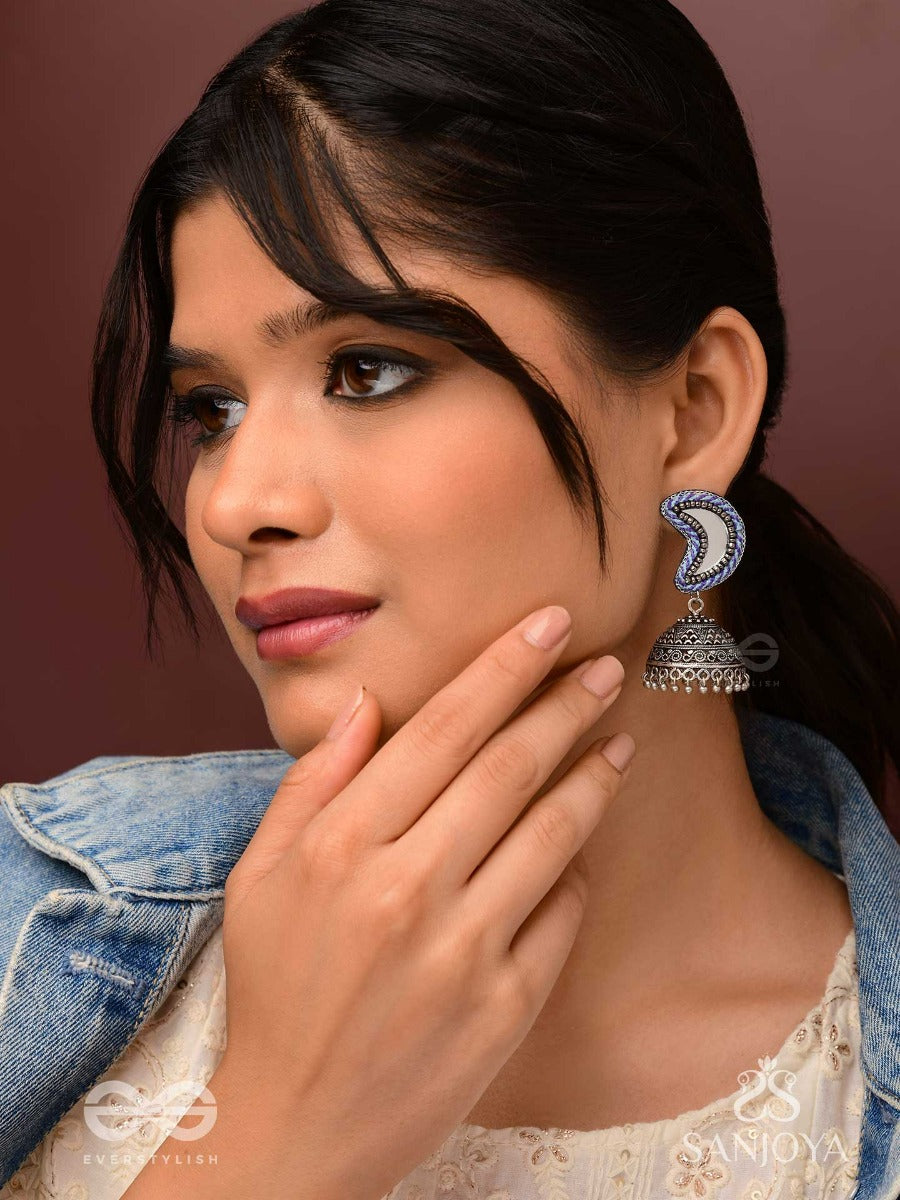 Shashikhand - The Crescent Reflectors - Mirror, Resham And Beads Hand Embroidered Oxidised Jhumka Earrings