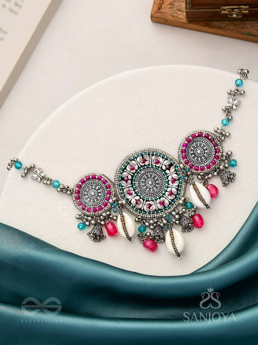 Akratu- The Wheels Of Liberty- Shells, Beads And Glass Drops Hand Embroidered Oxidised Choker Neckpiece
