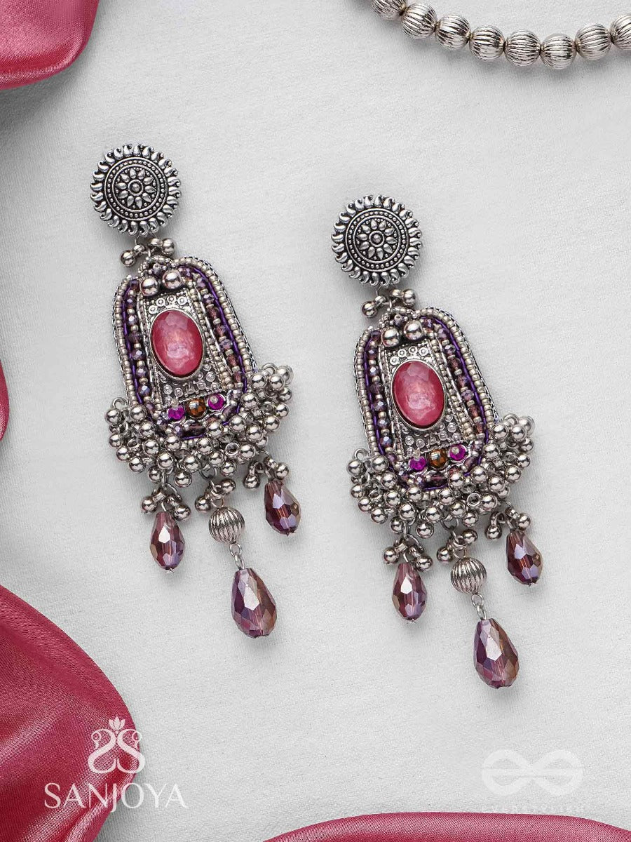 Parmeshthyam - The Fuchsia Royalty - Stone, Beads And Glass Drops Hand Embroidered Oxidised Earrings