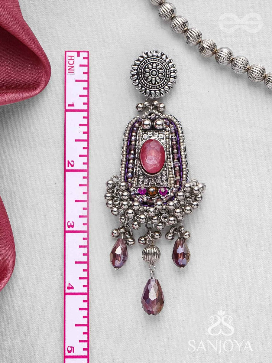 Parmeshthyam - The Fuchsia Royalty - Stone, Beads And Glass Drops Hand Embroidered Oxidised Earrings
