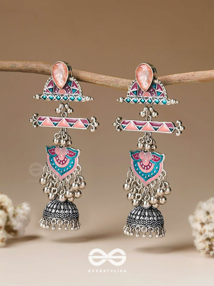 The Rosy Patterns- Stone Enamelled Oxidised Earrings