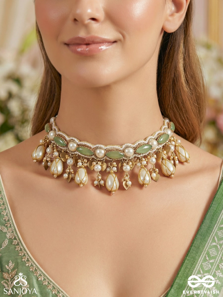 Haridvarna - Gilded Meadow Finery - Pearls, Stones And Beads Hand Embroidered Neckpiece