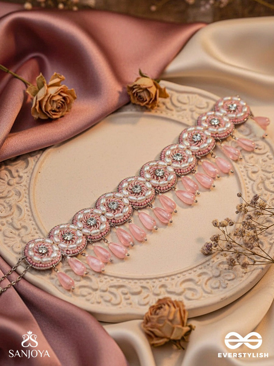 Aravindini - The Love Rose - Stone, Beads And Glass Drops Hand Embroidered Neckpiece
