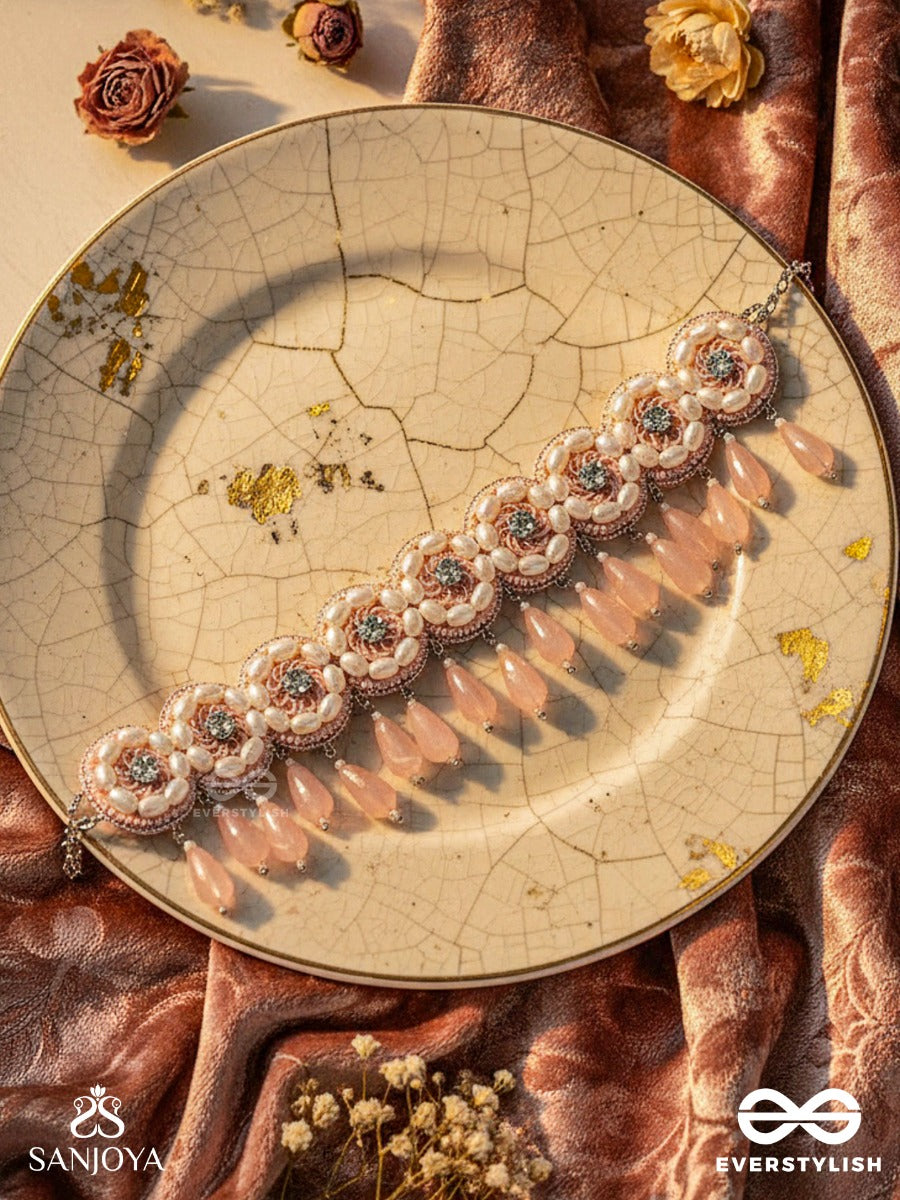 Aravindini - The Love Rose - Stone, Beads And Glass Drops Hand Embroidered Neckpiece