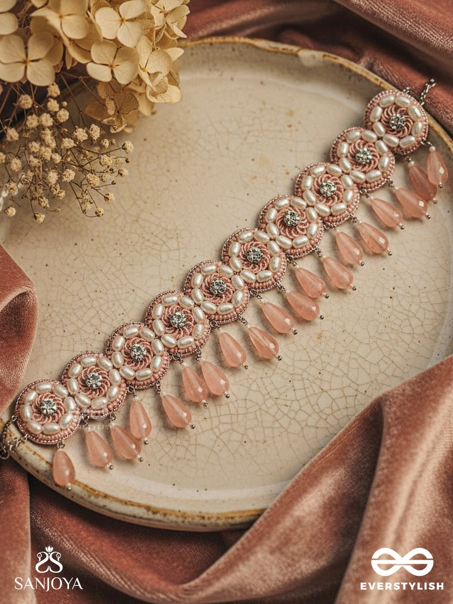 Aravindini - The Love Rose - Stone, Beads And Glass Drops Hand Embroidered Neckpiece