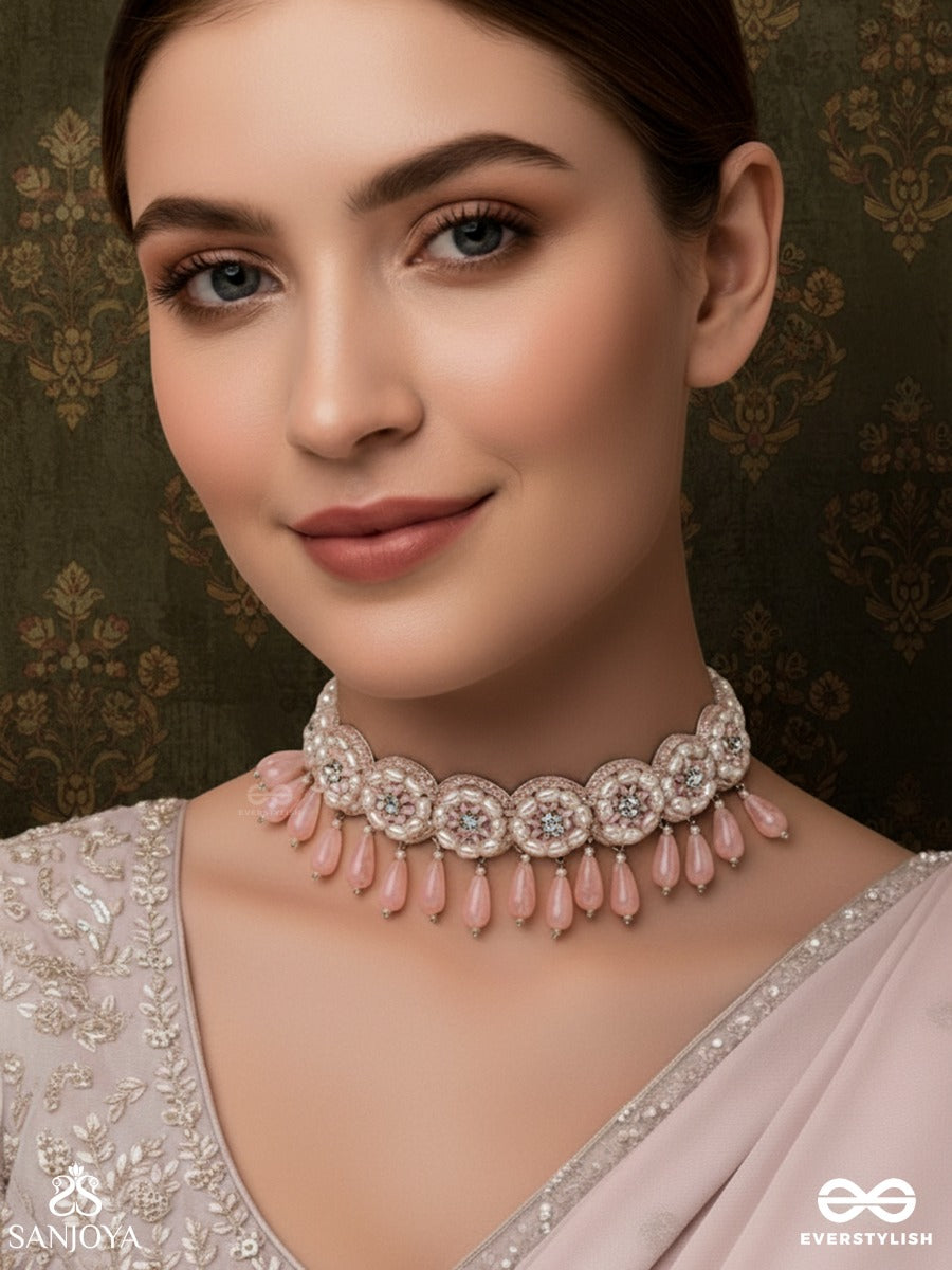 Aravindini - The Love Rose - Stone, Beads And Glass Drops Hand Embroidered Neckpiece